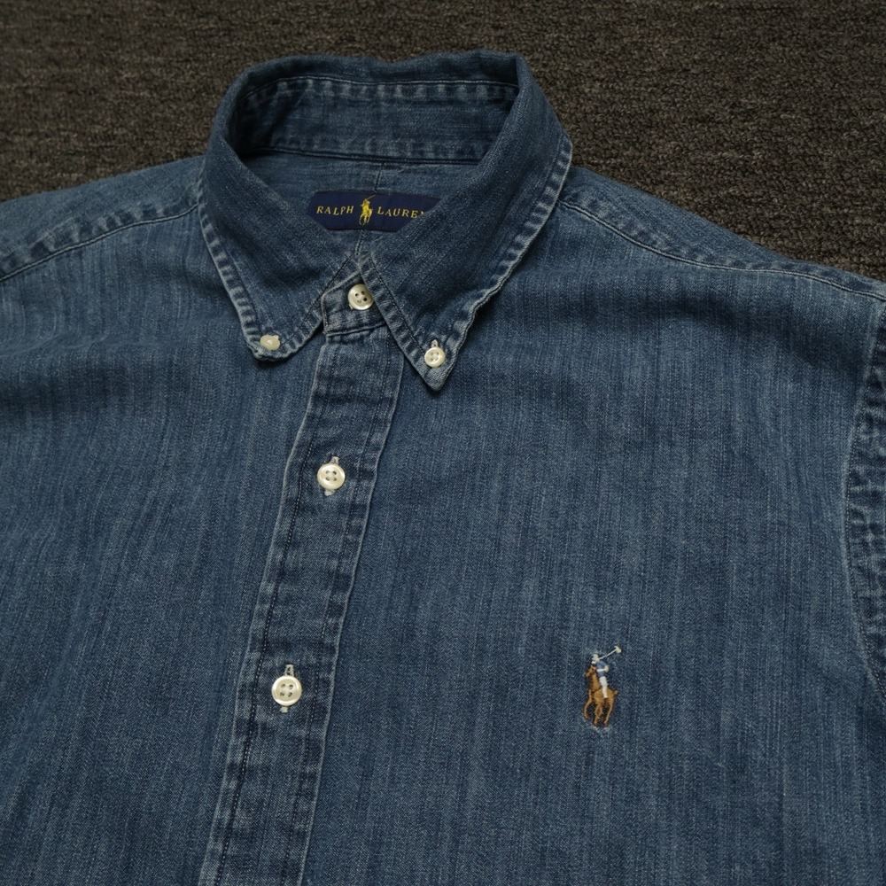 Vtg Polo Ralph Lauren Denim Shirt Mens Large Flesh Pony Button Down 90s Jean